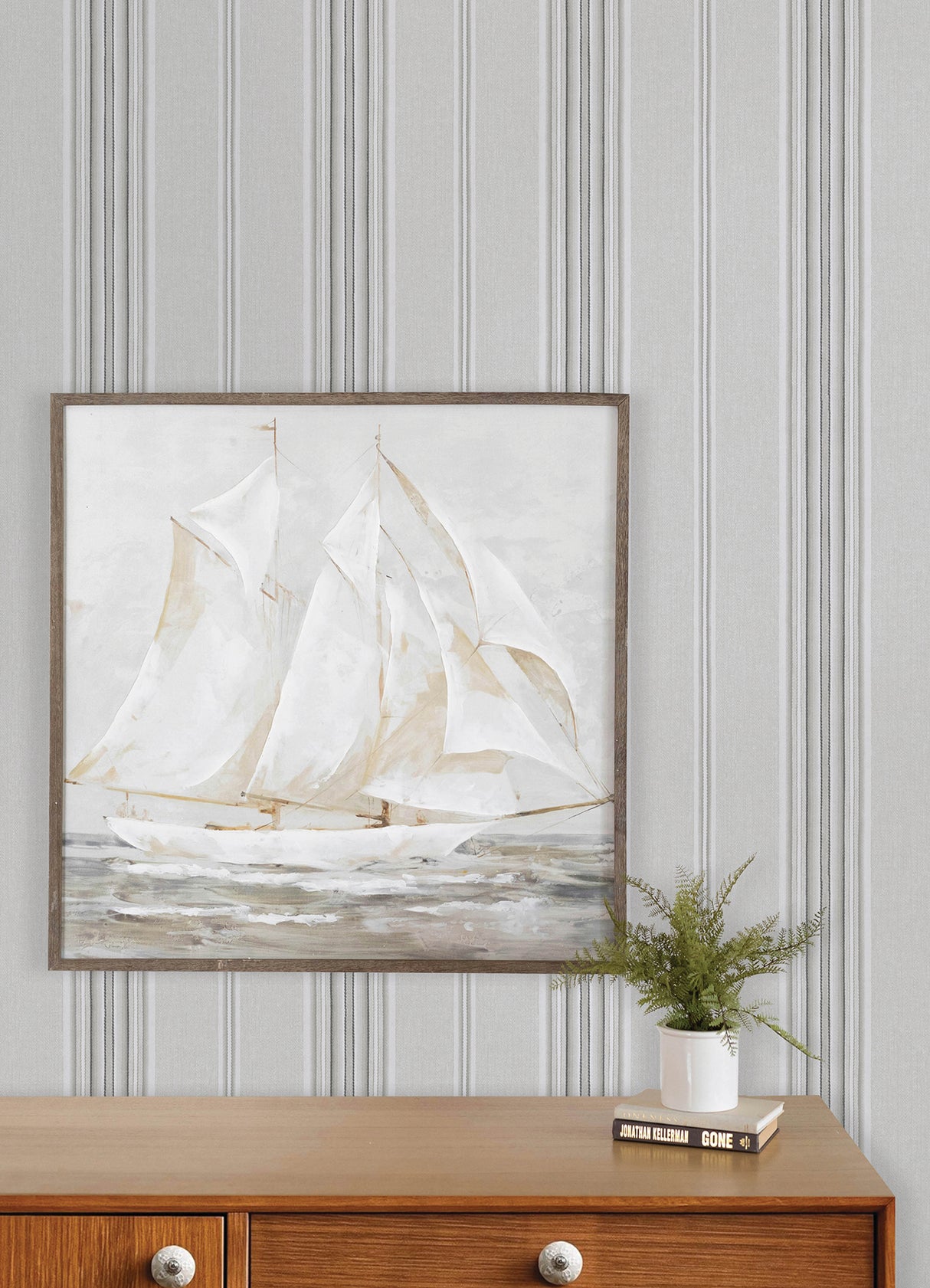 Calvados Grey Linen Stripe Wallpaper by Chesapeake Farmhouse Stripes Plaid and Stripe Collection Prepasted Non Woven Hybrid - 4192-83124