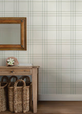 Fletcher Aqua Plaid by Chesapeake Farmhouse Windowpane Plaid Non Woven Hybrid Prepasted Easy Walls Strippable Wallpaper - 4192-83400