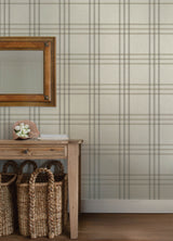 Fletcher Grey Plaid Farmhouse Windowpane Prepasted Easy Walls Non Woven Hybrid Washable Strippable Wallpaper by Chesapeake - 4192-83401