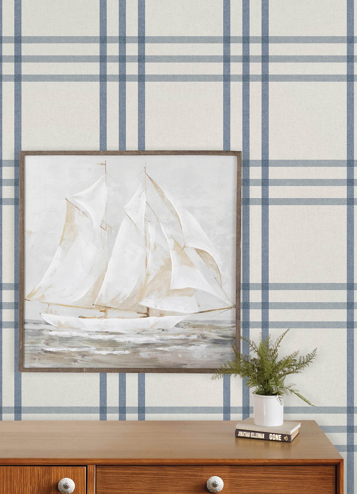 Fletcher Blue Plaid Wallpaper by Chesapeake Farmhouse Windowpane Plaid Prepasted Non Woven Hybrid 20.5 In x 33 Ft - 4192-83402