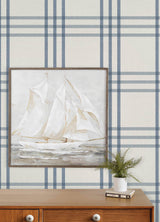 Fletcher Blue Plaid Wallpaper by Chesapeake Farmhouse Windowpane Plaid Prepasted Non Woven Hybrid 20.5 In x 33 Ft - 4192-83402