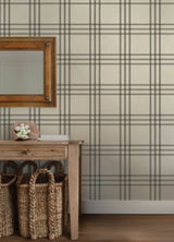 Fletcher Black by Chesapeake Farmhouse Windowpane Plaid Prepasted Easy Walls Non Woven Hybrid Washable Strippable Wallpaper - 4192-83403