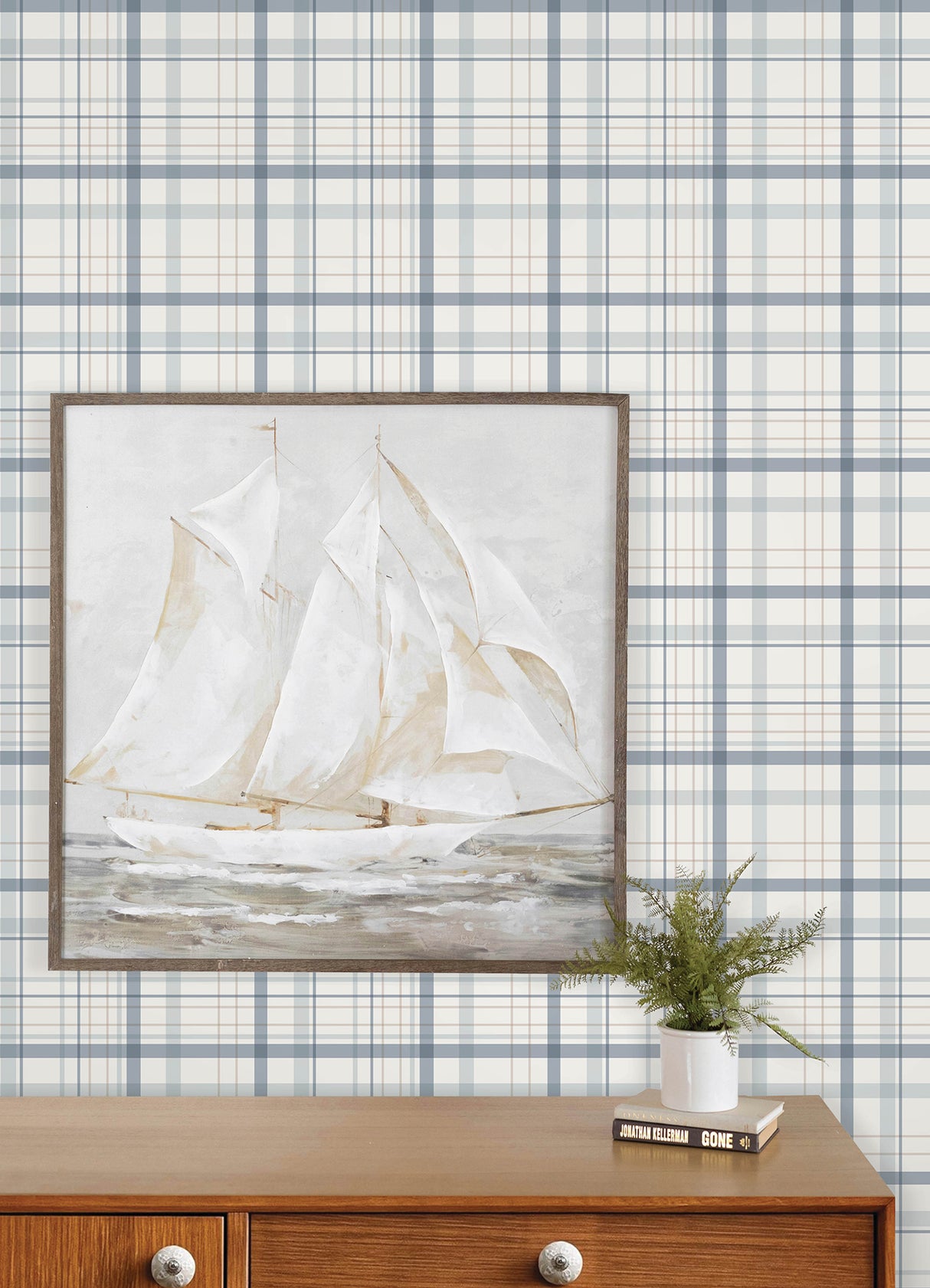 Burgess Blue Plaid Farmhouse Prepasted Non-Woven Hybrid Straight Match Washable Strippable Wallpaper by Chesapeake - 4192-83406