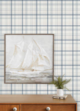 Burgess Blue Plaid Farmhouse Prepasted Non-Woven Hybrid Straight Match Washable Strippable Wallpaper by Chesapeake - 4192-83406