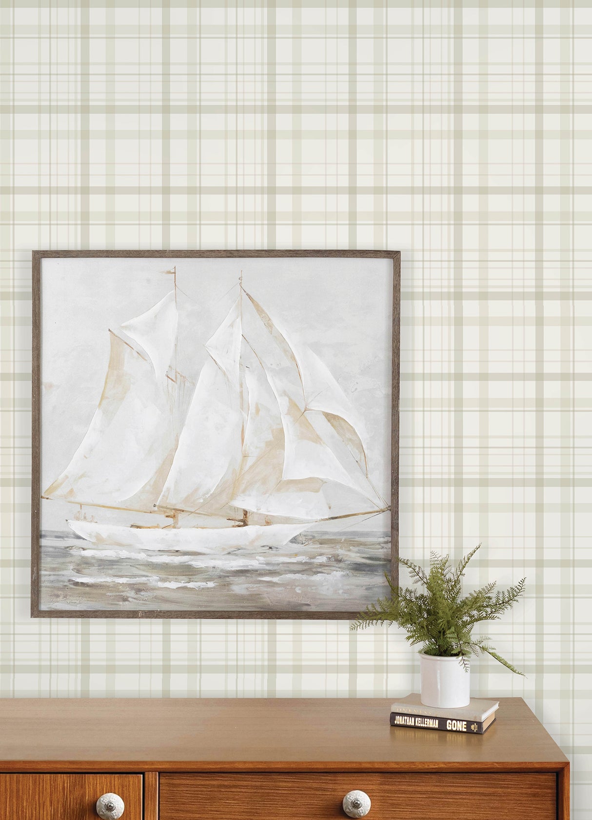 Burgess Light Green by Chesapeake Plaid and Stripe Collection Farmhouse Prepasted Non Woven Hybrid Washable Strippable Wallpaper - 4192-83408