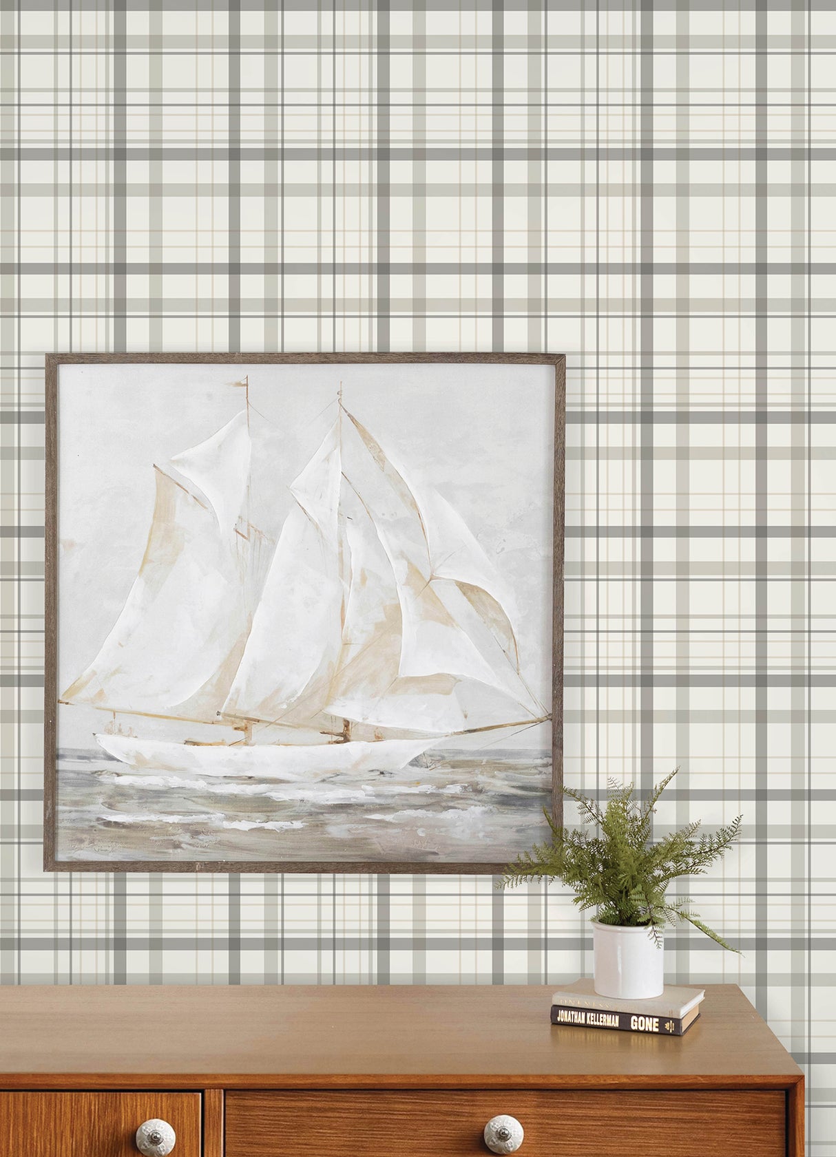 Burgess Charcoal Plaid by Chesapeake Prepasted Non-Woven Hybrid Farmhouse Plaid Wallpaper from the Plaid & Stripe Collection - 4192-83409