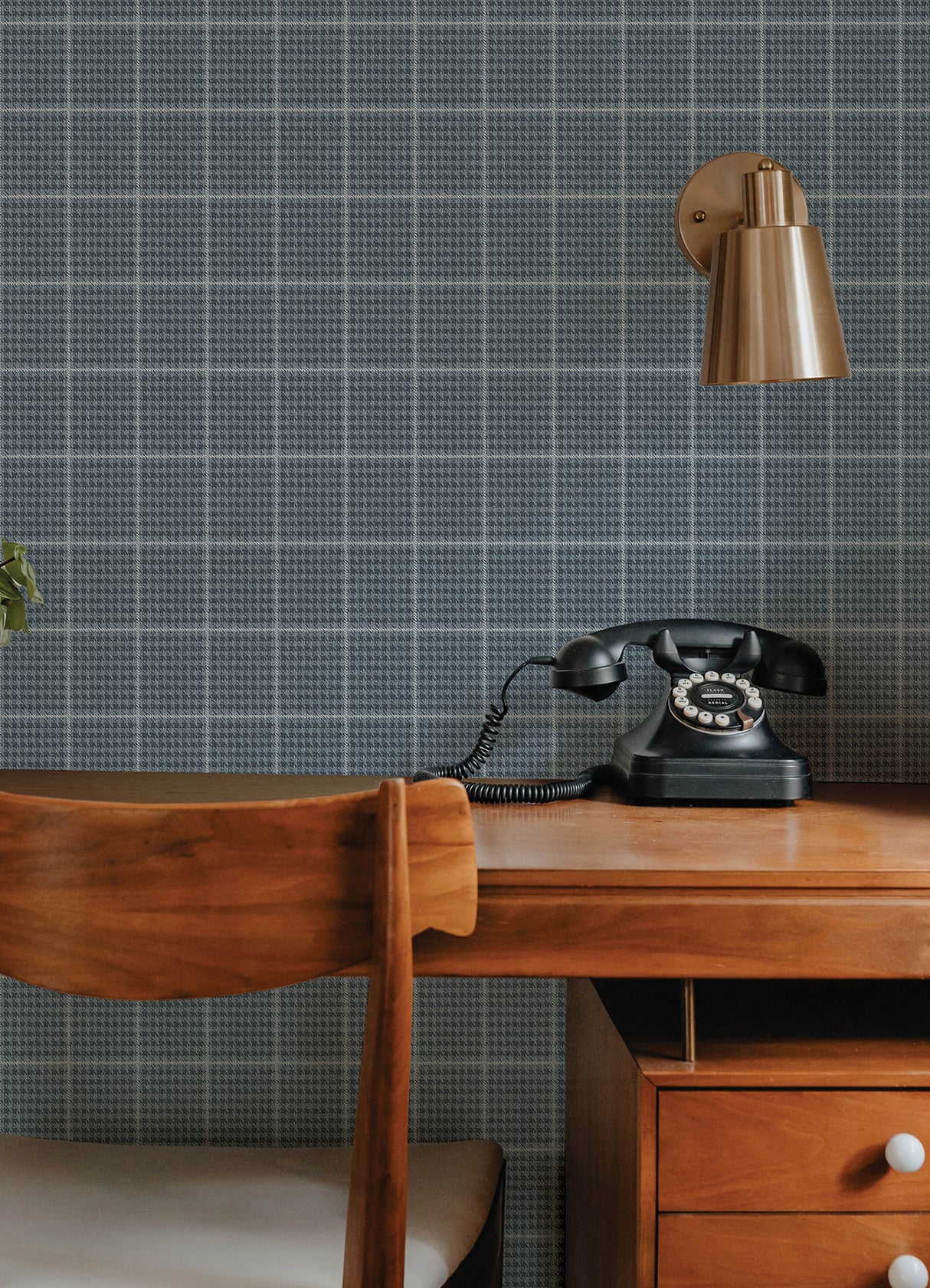 Prescott Navy Glen Check Houndstooth Wallpaper in Dark and Light Navy Blue Prepasted Easy Walls by Chesapeake Plaid and Stripe Collection - 4192-83416