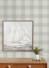 Thorpe Aqua and White Large Scale Buffalo Check Plaid by Chesapeake Farmhouse Americana Prepasted Non-Woven Hybrid Wallpaper Roll - 4192-83419