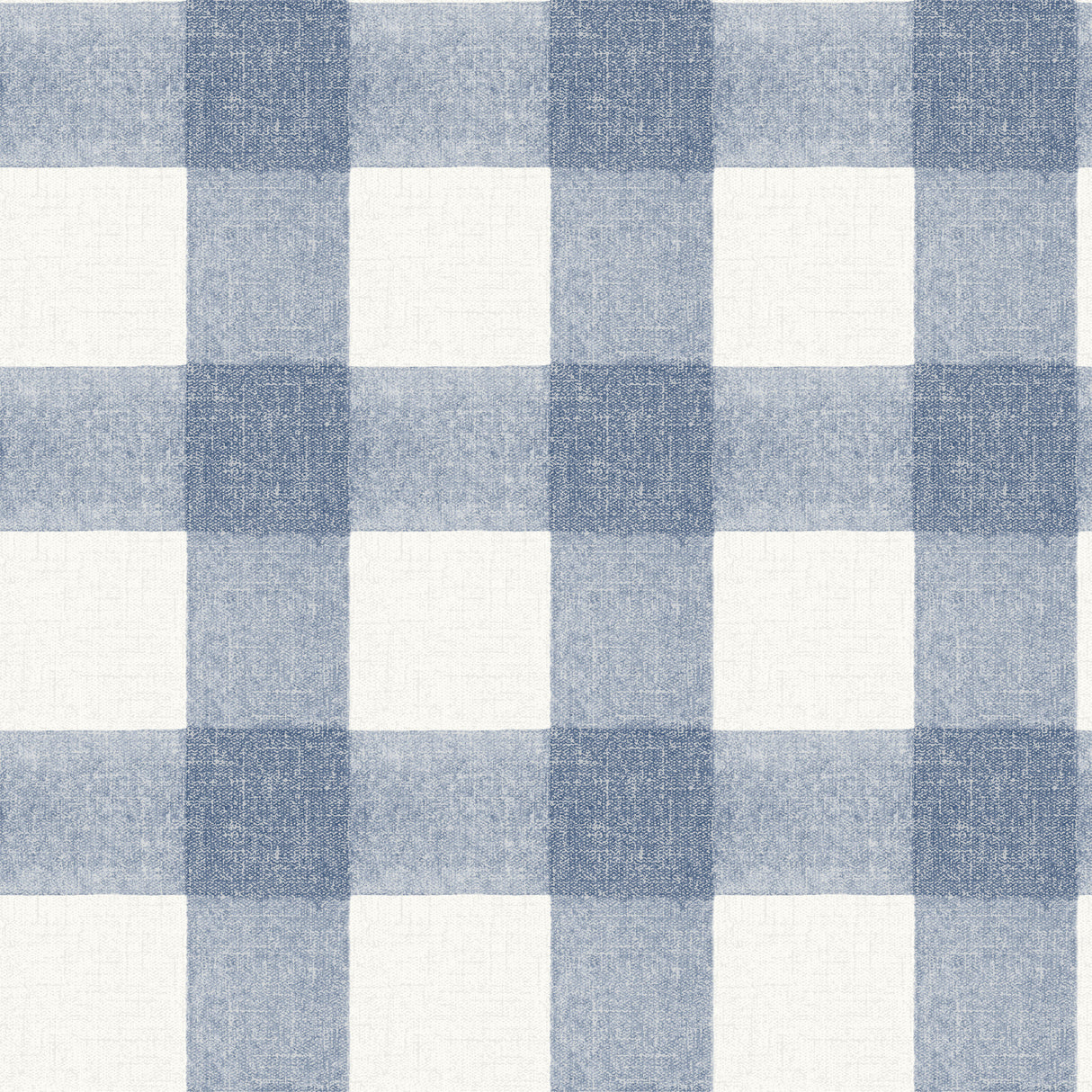 Thorpe Blue Plaid Wallpaper by Chesapeake featuring a large-scale buffalo check pattern in shades of blue and white with a textured flannel-inspired finish