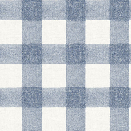 Thorpe Blue Plaid Wallpaper by Chesapeake featuring a large-scale buffalo check pattern in shades of blue and white with a textured flannel-inspired finish