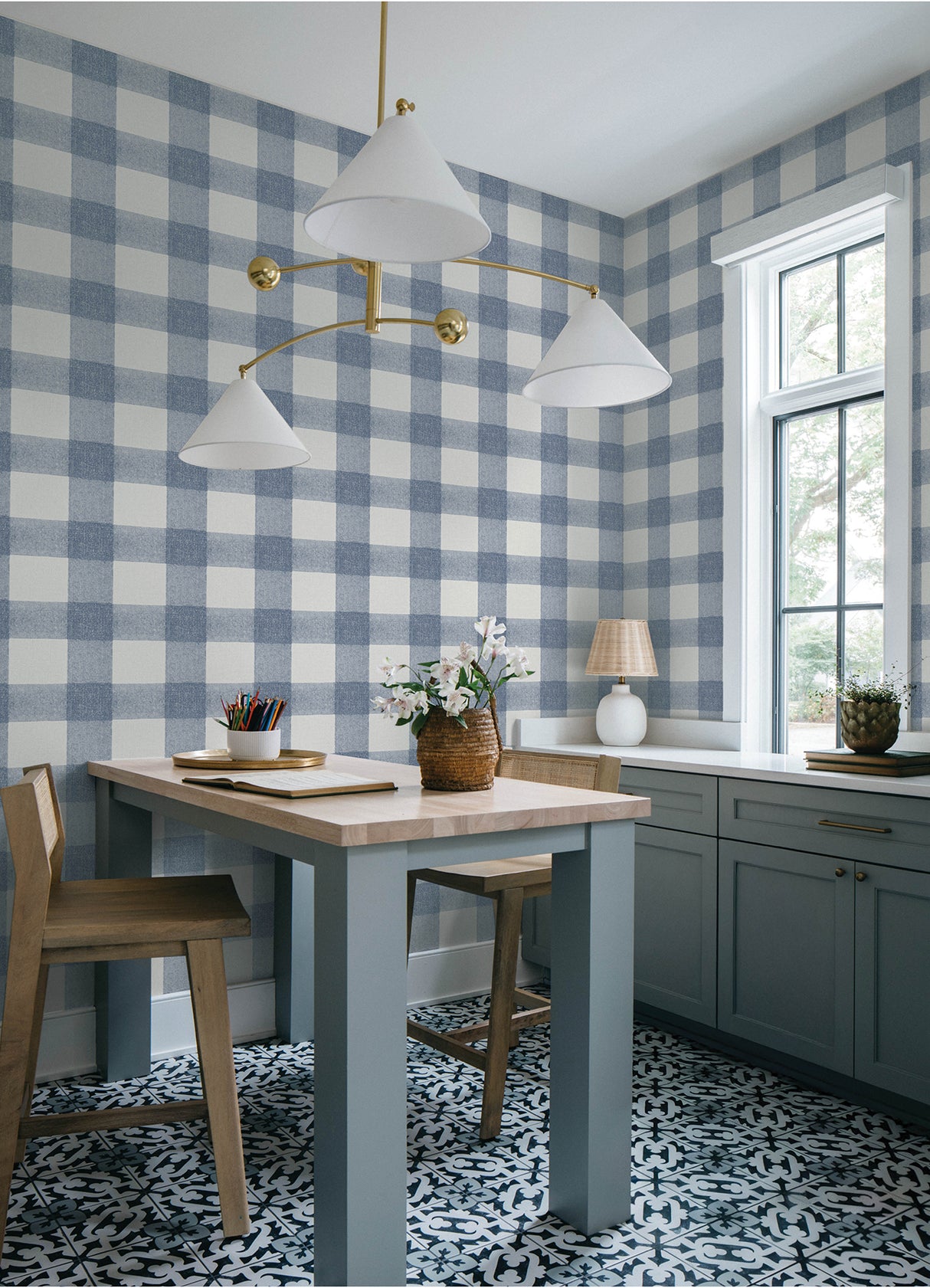 Thorpe Blue Plaid Wallpaper Blue and White by Chesapeake Farmhouse Buffalo Check Prepasted Non Woven Hybrid Wallpaper - 4192-83420