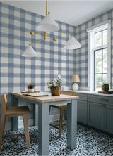 Thorpe Blue Plaid Wallpaper Blue and White by Chesapeake Farmhouse Buffalo Check Prepasted Non Woven Hybrid Wallpaper - 4192-83420