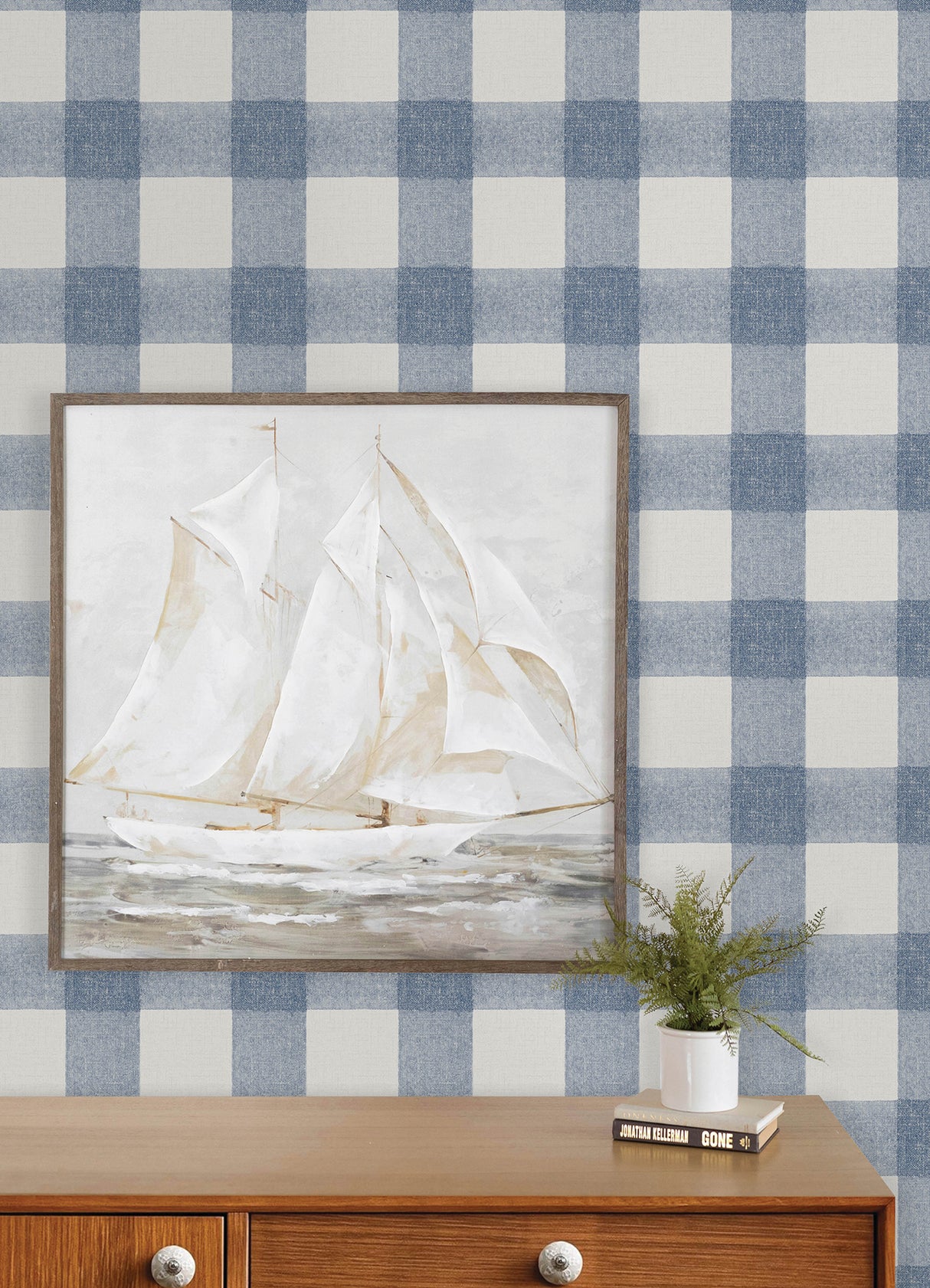 Thorpe Blue Plaid Wallpaper Blue and White by Chesapeake Farmhouse Buffalo Check Prepasted Non Woven Hybrid Wallpaper - 4192-83420