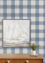 Thorpe Blue Plaid Wallpaper Blue and White by Chesapeake Farmhouse Buffalo Check Prepasted Non Woven Hybrid Wallpaper - 4192-83420