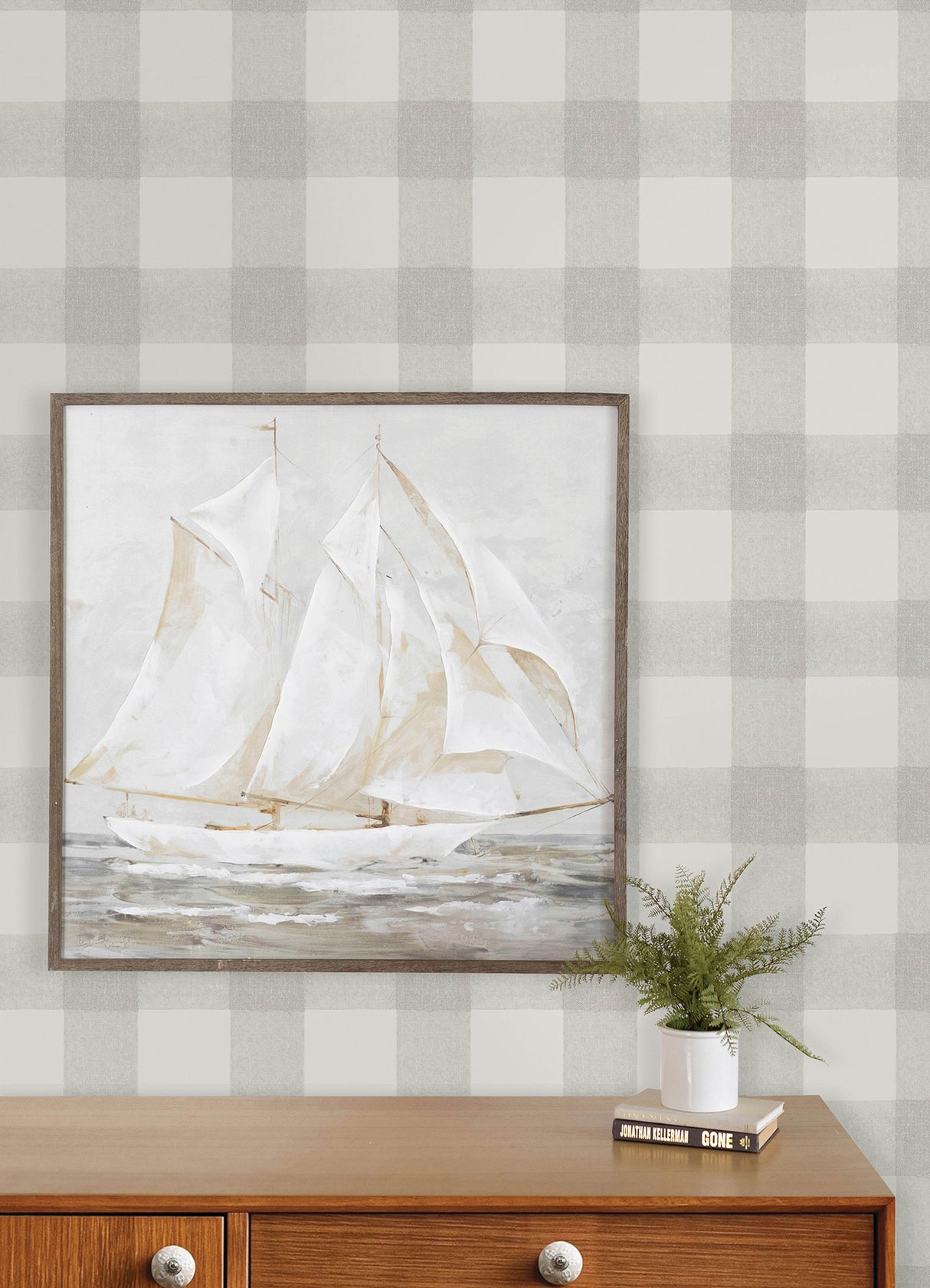 Thorpe Light Grey and White by Chesapeake Prepasted Non Woven Hybrid Farmhouse Buffalo Check Plaid Wallpaper - Chesapeake 4192-83422