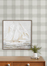 Thorpe Light Grey and White by Chesapeake Prepasted Non Woven Hybrid Farmhouse Buffalo Check Plaid Wallpaper - Chesapeake 4192-83422