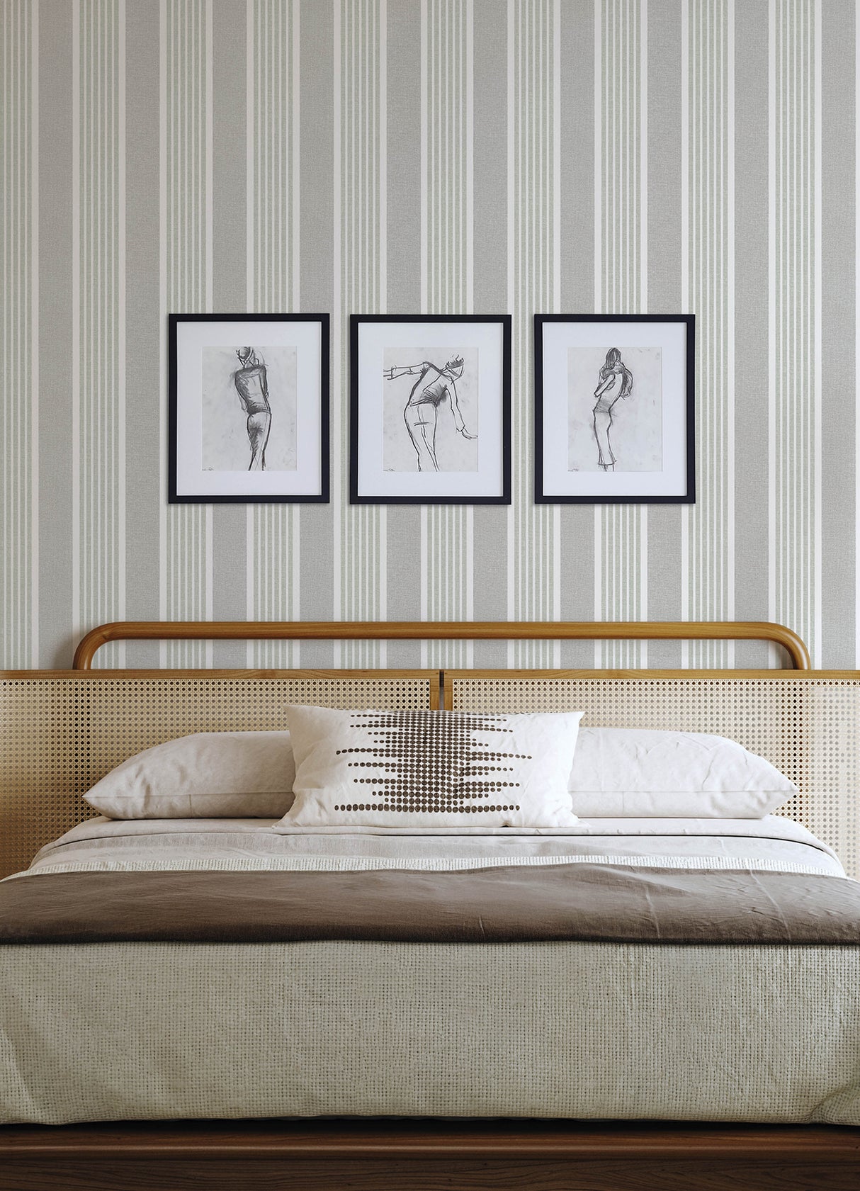 Bingley Green by Chesapeake Embellished Multi-Stripe Farmhouse Prepasted Non-Woven Hybrid Wallpaper from Plaid & Stripe Collection - 4192-83432
