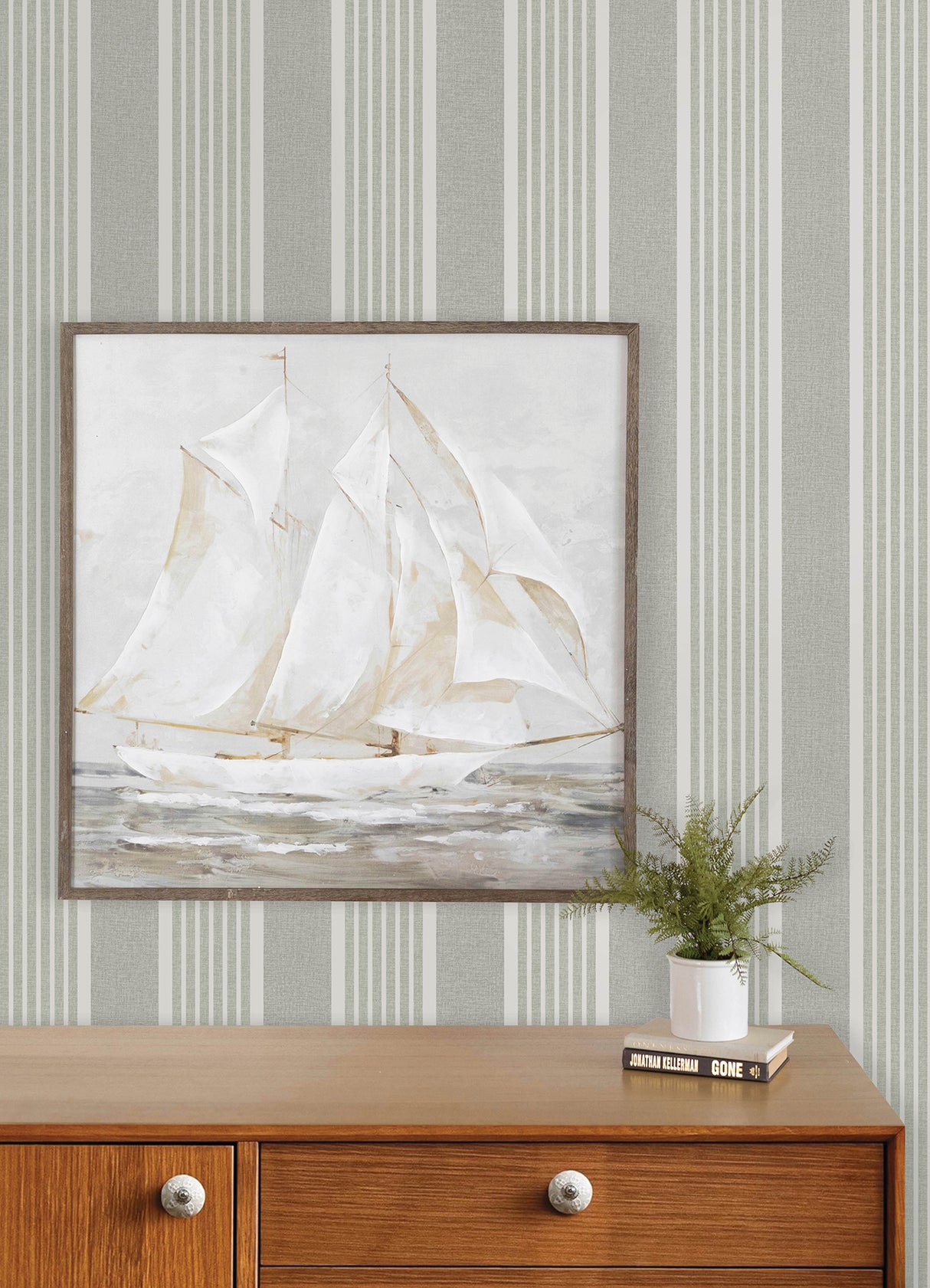 Bingley Green by Chesapeake Embellished Multi-Stripe Farmhouse Prepasted Non-Woven Hybrid Wallpaper from Plaid & Stripe Collection - 4192-83432