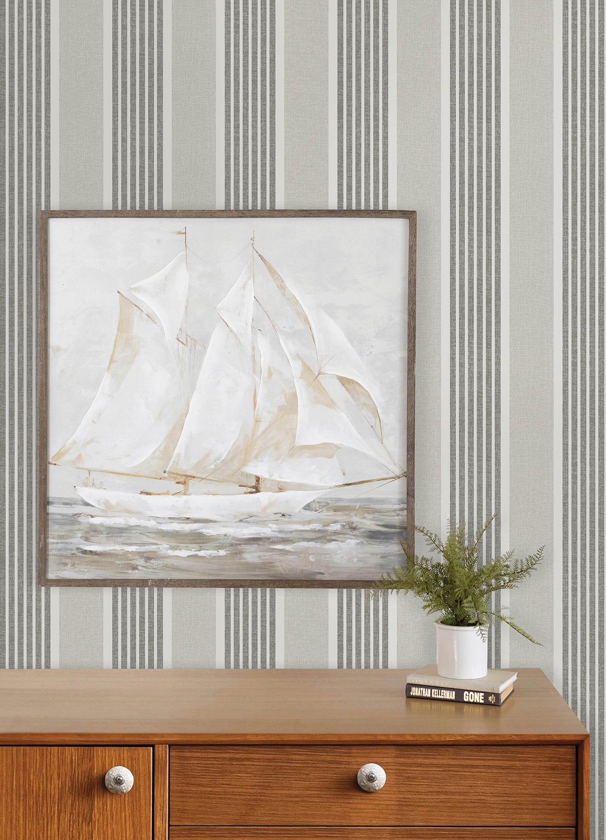 Bingley Charcoal by Chesapeake Plaid and Stripe Collection Embellished Stripe Farmhouse Prepasted Non-Woven Hybrid Wallpaper - 4192-83435