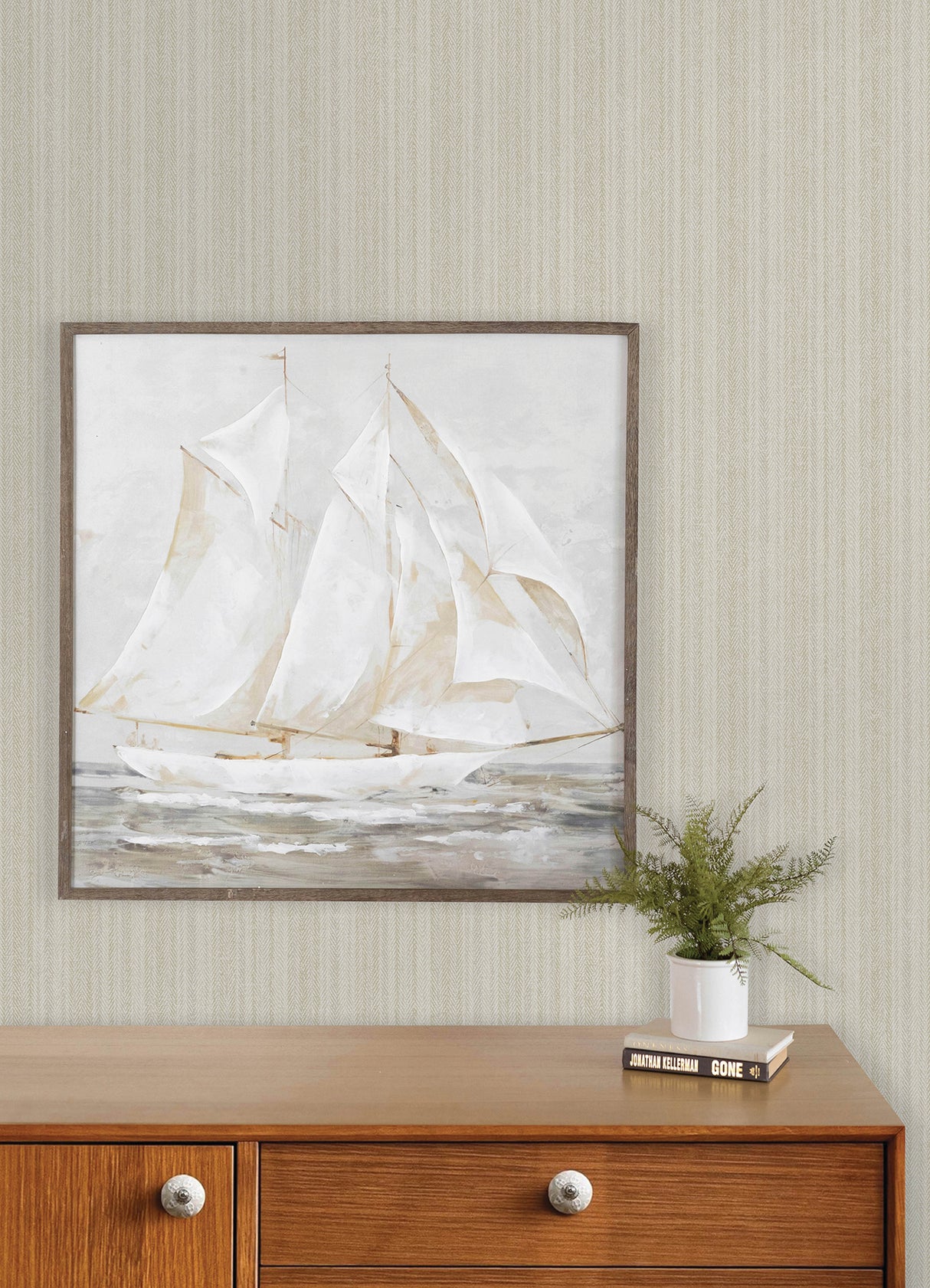 Stokes Beige by Chesapeake Chevron Stripe Prepasted Non Woven Hybrid Easy Walls Wallpaper from Plaid and Stripe Collection - 4192-83445