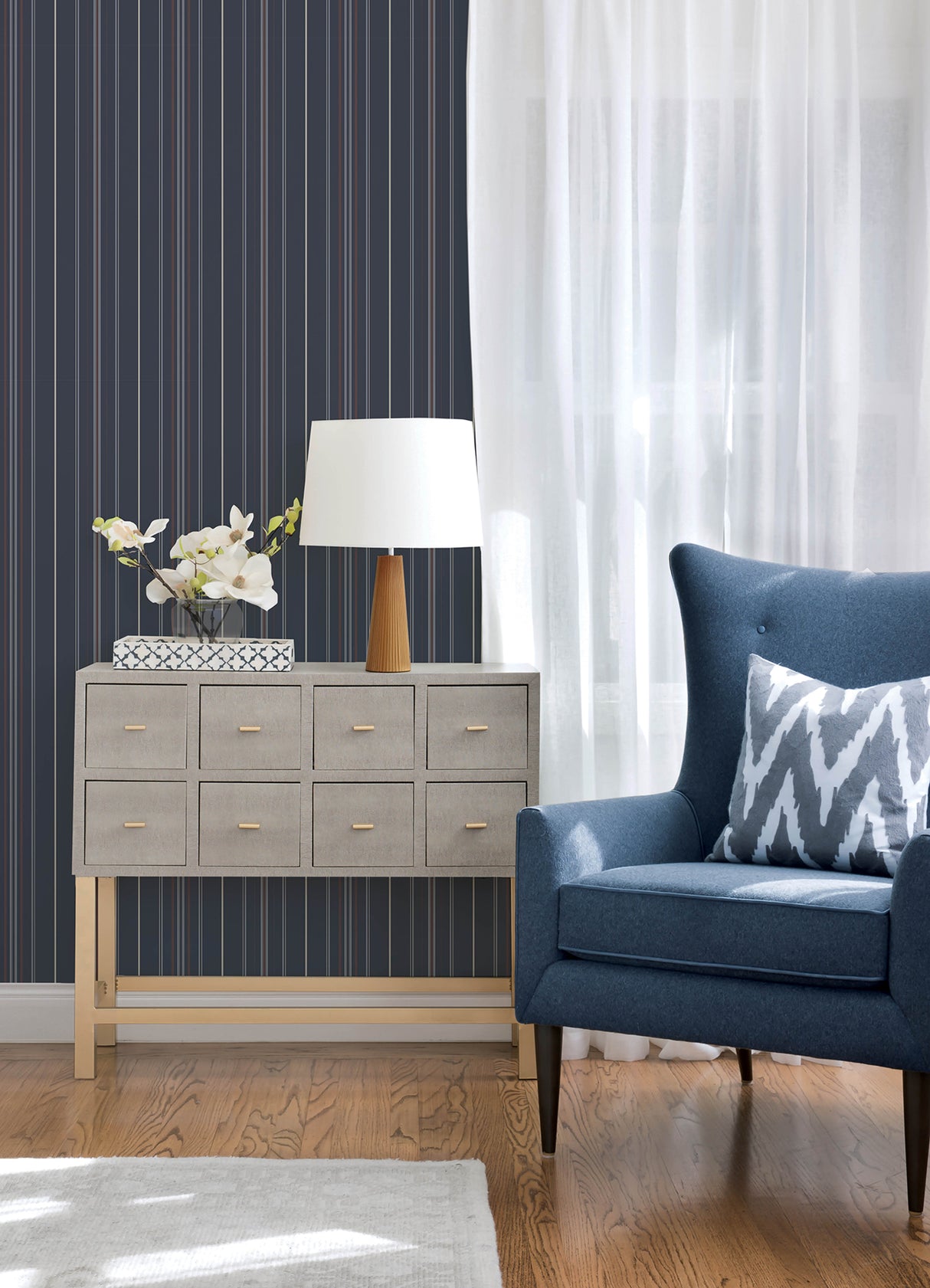Lascelle Navy Modern Pinstripe Wallpaper by Chesapeake Plaid & Stripe Collection - 4192-83450