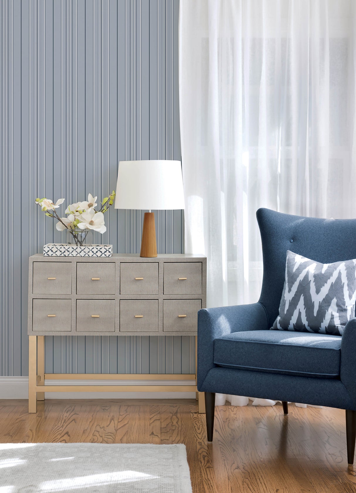 Lascelle Light Blue Modern Pinstripe Prepasted Washable Strippable Non Woven Hybrid Wallpaper by Chesapeake Plaid & Stripe - 4192-83452