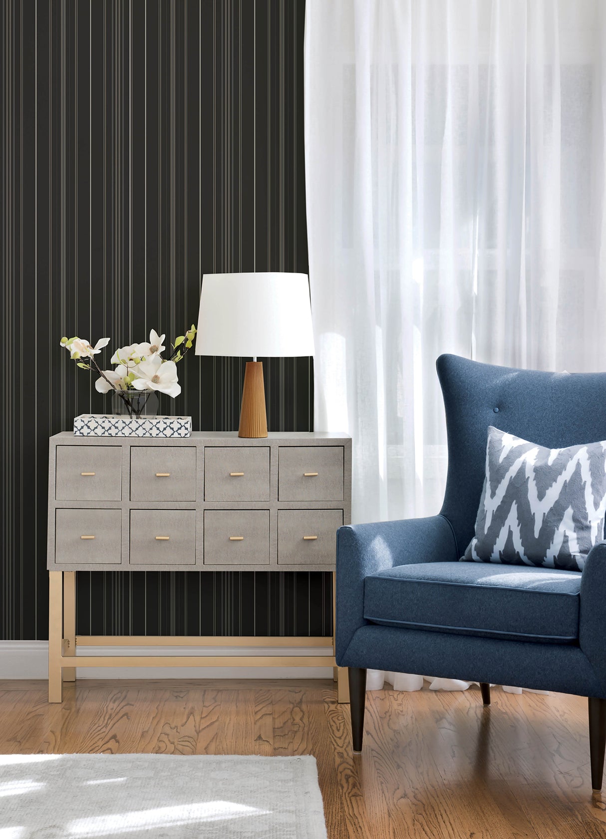 Lascelle Black by Chesapeake Modern Pinstripe Plaid and Stripe Collection Traditional Prepasted Non Woven Hybrid Wallpaper - 4192-83453