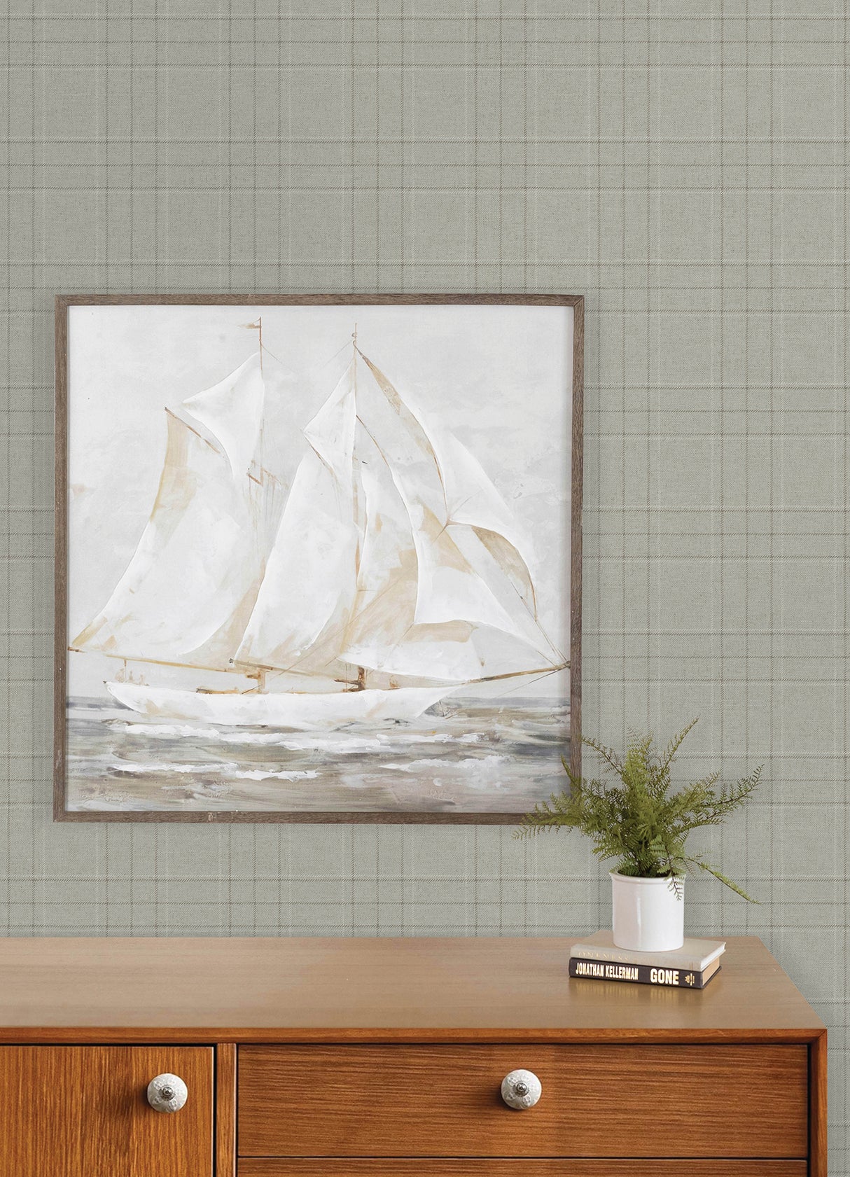 Fox Hollow Light Grey Dashed Plaid by Chesapeake Farmhouse Plaid Wallpaper - Chesapeake 4192-83456