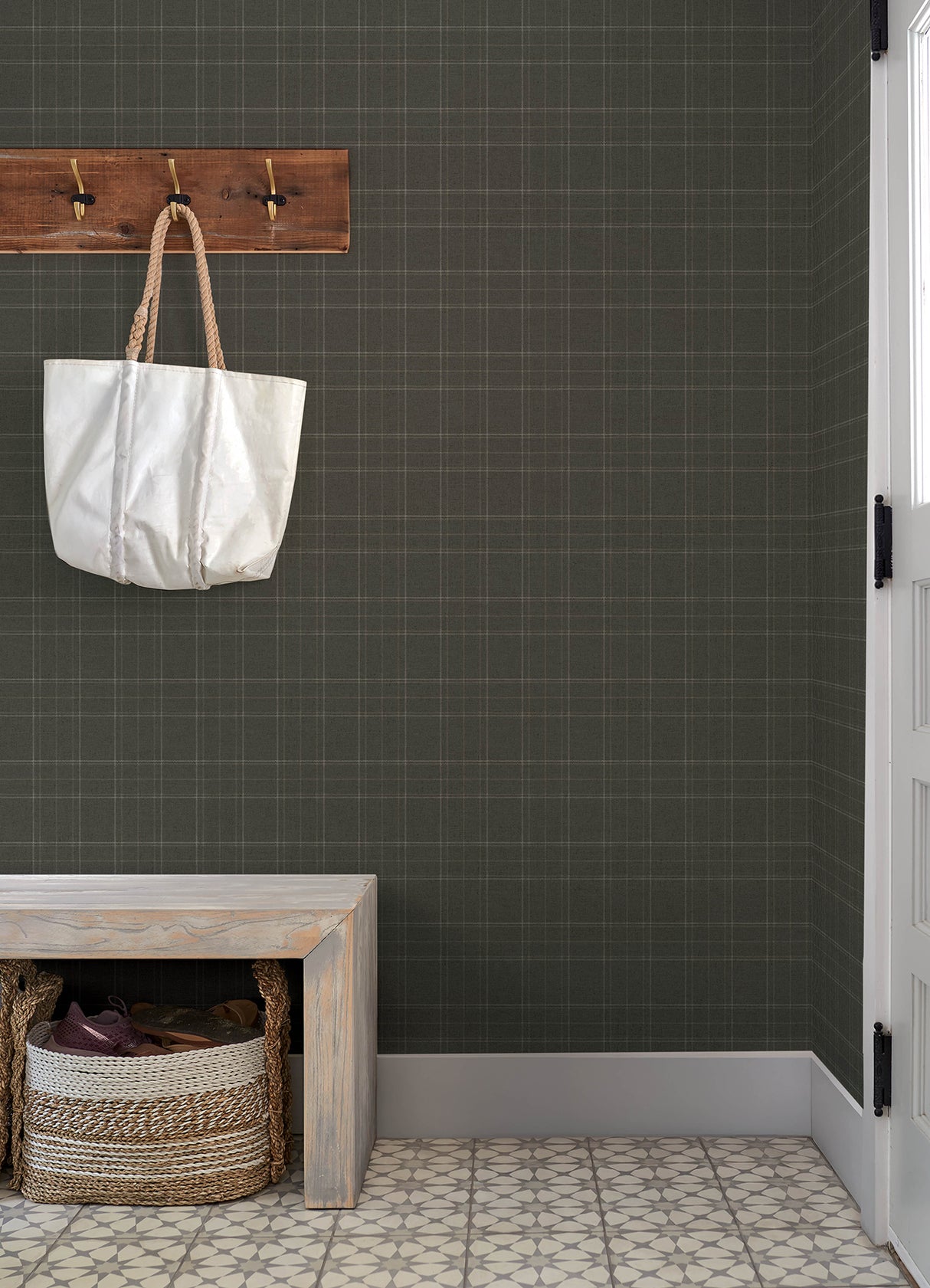 Fox Hollow Charcoal by Chesapeake Plaid & Stripe Collection Farmhouse Dashed Plaid Prepasted Non Woven Hybrid Wallpaper - 4192-83457