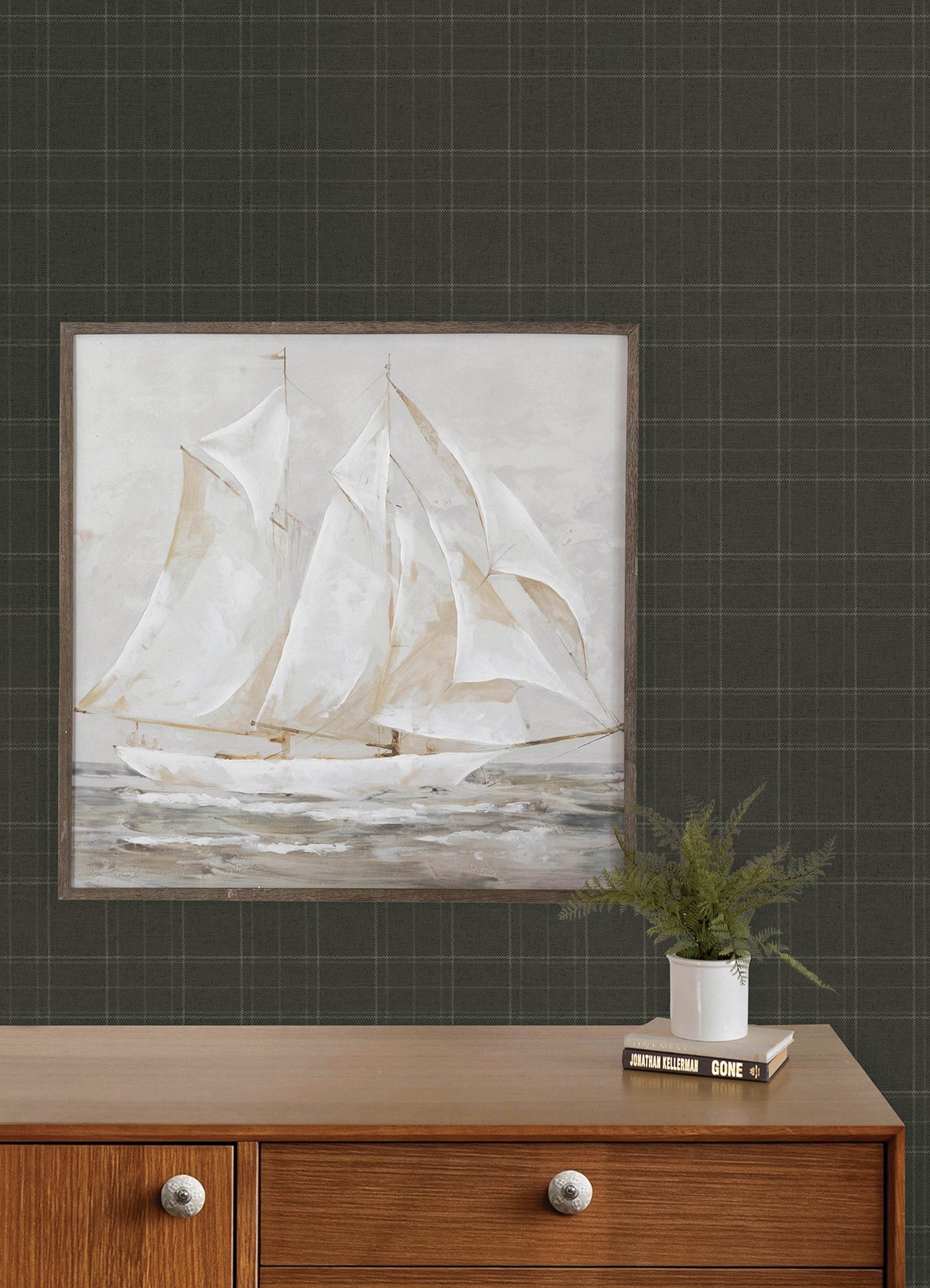 Fox Hollow Charcoal by Chesapeake Plaid & Stripe Collection Farmhouse Dashed Plaid Prepasted Non Woven Hybrid Wallpaper - 4192-83457