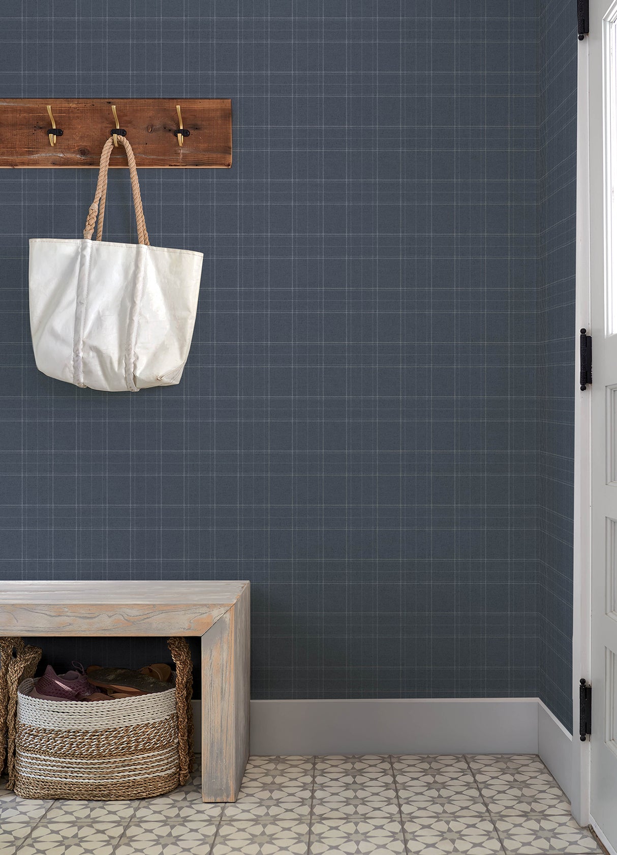 Fox Hollow Dark Blue Dashed Plaid Farmhouse Wallpaper by Chesapeake Prepasted Non Woven Hybrid Washable Strippable 20.5 in x 33 ft 4192-83458