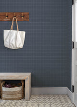 Fox Hollow Dark Blue Dashed Plaid Farmhouse Wallpaper by Chesapeake Prepasted Non Woven Hybrid Washable Strippable 20.5 in x 33 ft 4192-83458