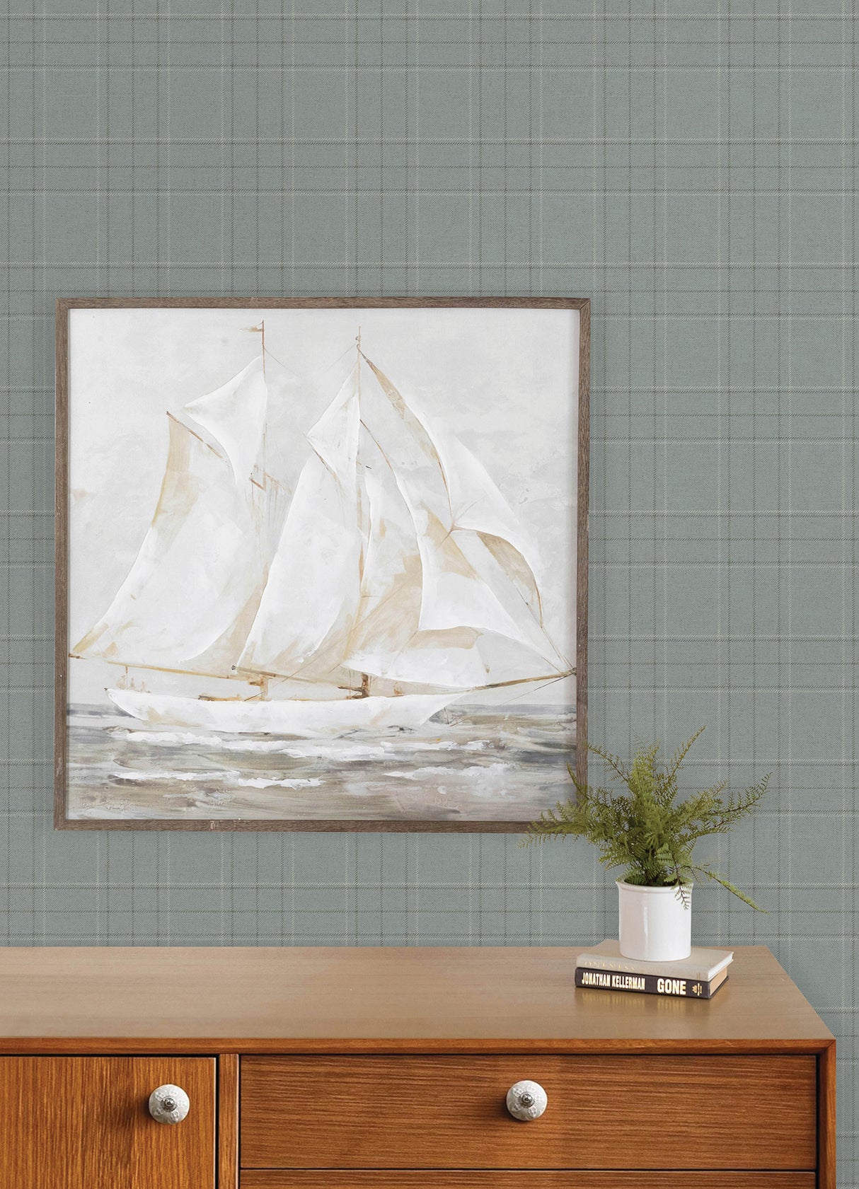 Fox Hollow Turquoise Dashed Plaid by Chesapeake Farmhouse Plaid Wallpaper - Chesapeake 4192-83459