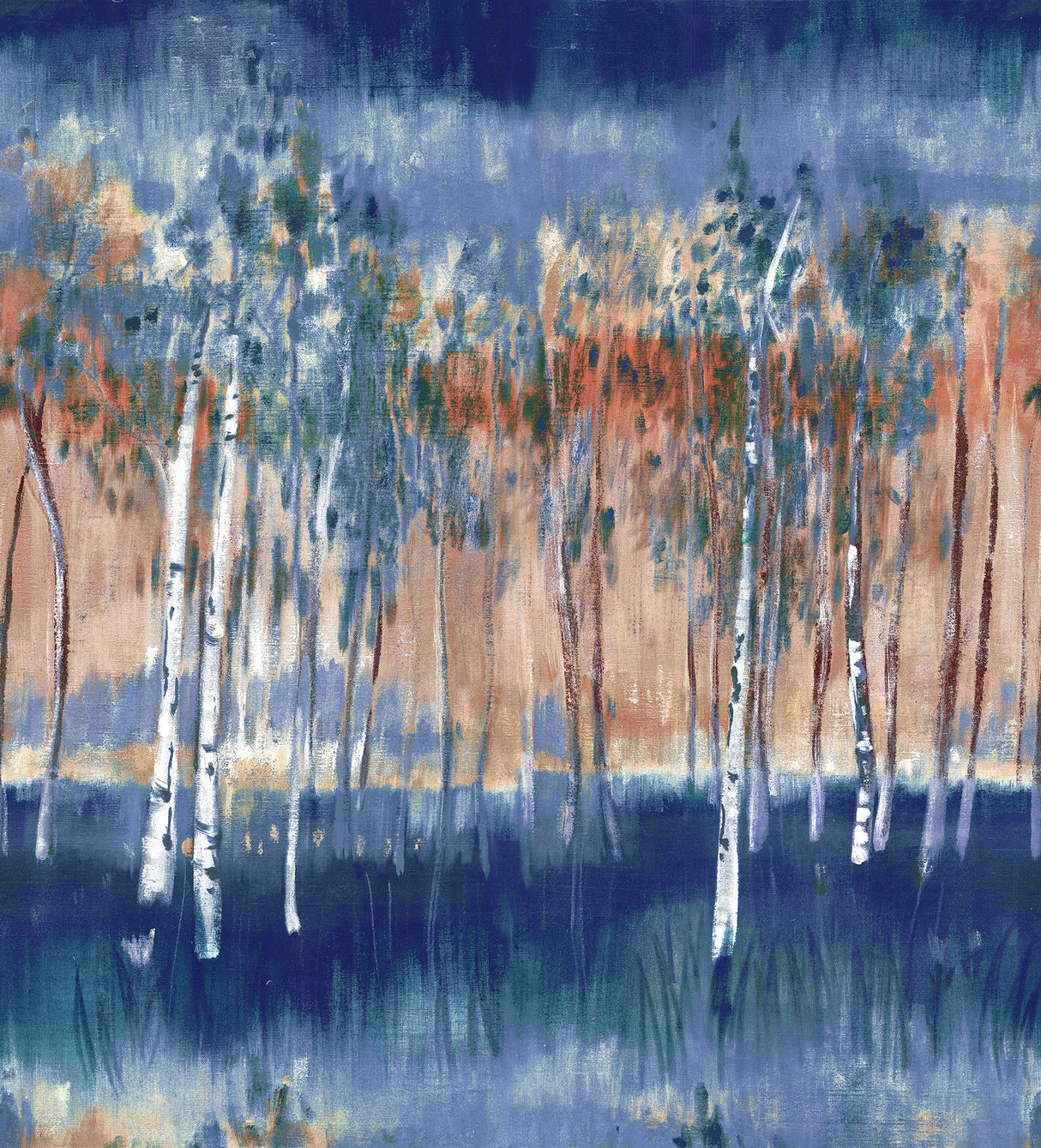 Primavera Dark Blue wall mural by A-Street Prints showing abstract birch grove.