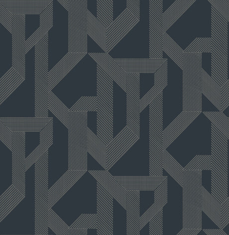 Franz Navy Geometric Wallpaper - A-Street Prints 4198-27802 - Maze-like metallic geometric pattern in sterling on navy non woven wallpaper