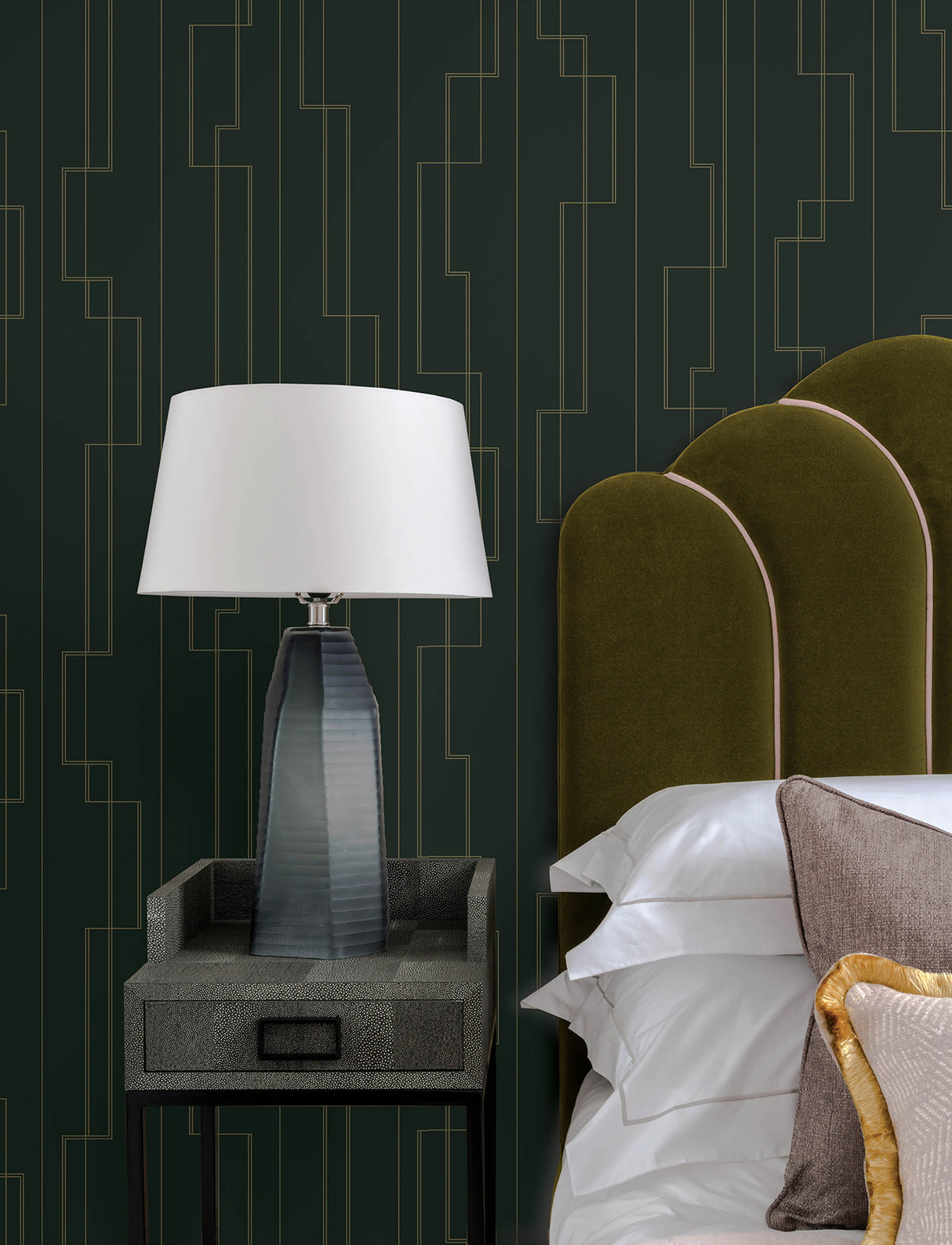 Anson Evergreen Deco Detailing Wallpaper in Forest Green with Metallic Gold Linework by A-Street Prints Moderne Deco - 4198-27814