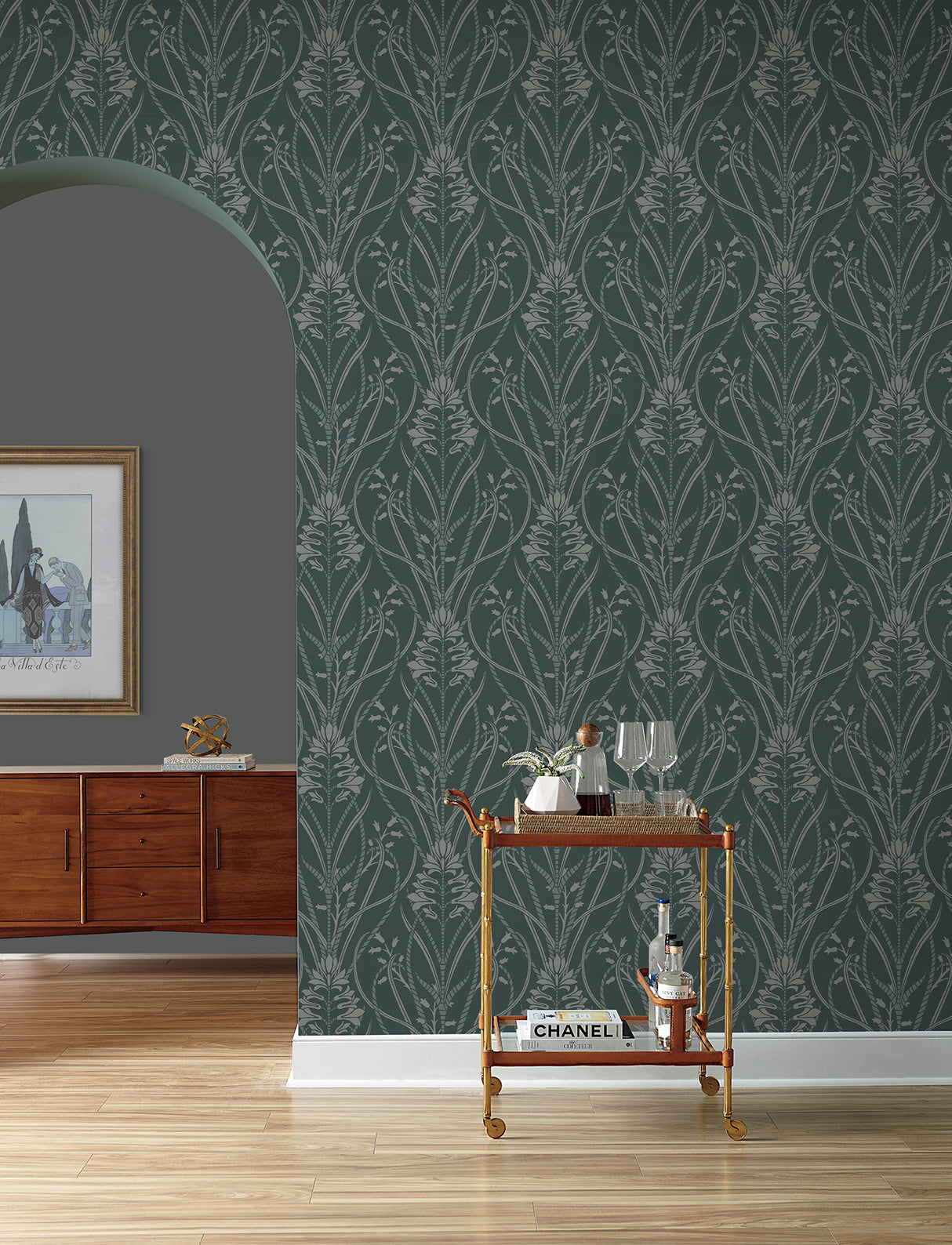 Rosalind Teal Iris Damask Wallpaper by A-Street Prints Moderne Deco Art Deco Botanical Floral Damask Non Woven Unpasted Wallpaper - 4198-27820