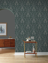 Rosalind Teal Iris Damask Wallpaper by A-Street Prints Moderne Deco Art Deco Botanical Floral Damask Non Woven Unpasted Wallpaper - 4198-27820