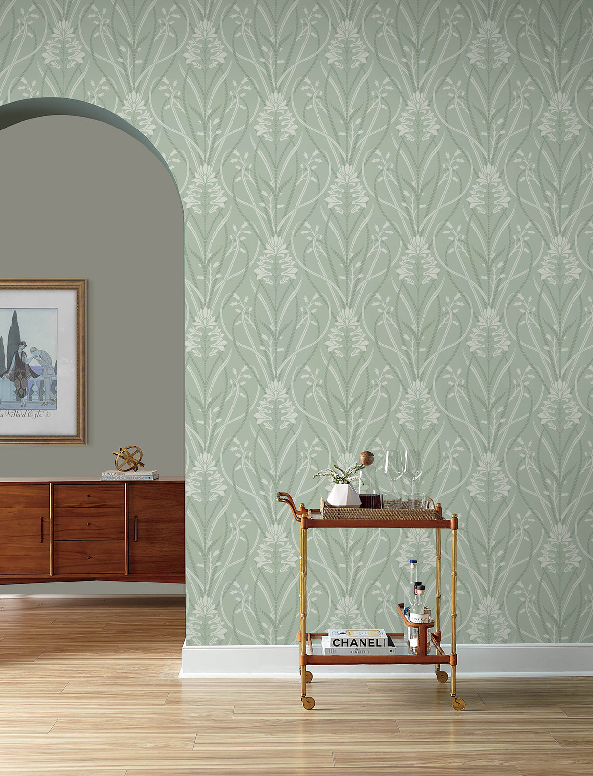 Rosalind Sage Iris Damask Wallpaper by A-Street Prints Art Deco Botanical Floral Non Woven Unpasted Moderne Deco Collection - 4198-27822