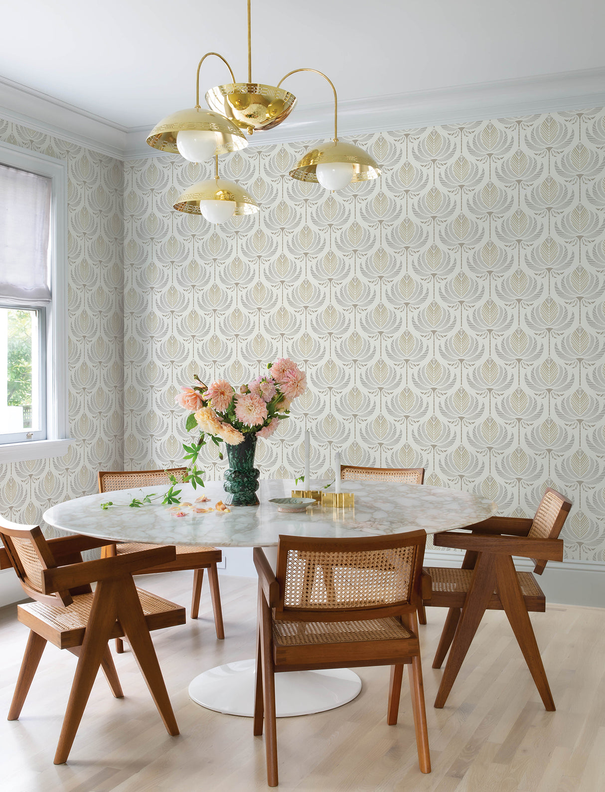 Ferrenby Metallic Gold, Silver and Pewter on White Ground by A-Street Prints Moderne Deco Floral Fan Non Woven Wallpaper - 4198-27832