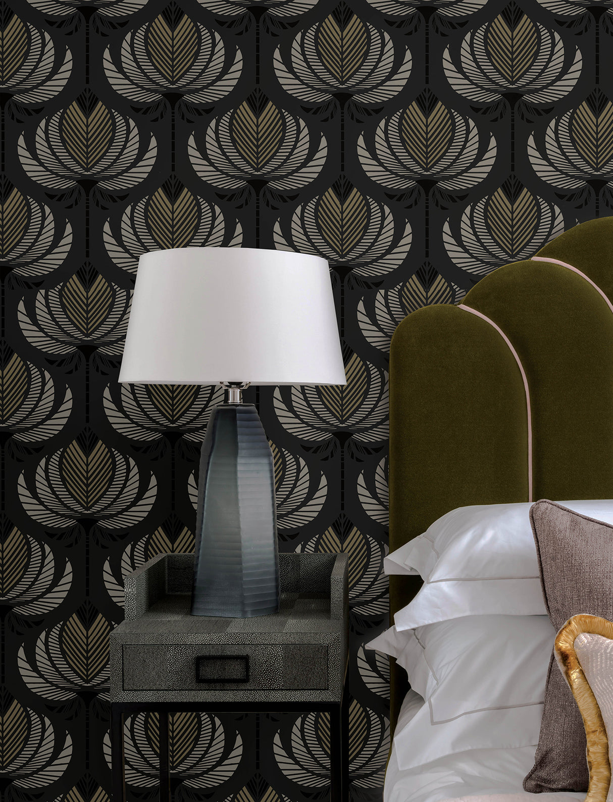 Ferrenby Black Floral Fan by A-Street Prints Modern Metallic Lotus Fan Wallpaper - 4198-27833