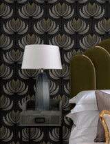 Ferrenby Black Floral Fan by A-Street Prints Modern Metallic Lotus Fan Wallpaper - 4198-27833