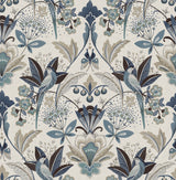Bernadette Blue Garden Wilderness Wallpaper - A-Street Prints 4198-27835 - Blue and taupe bohemian bird and floral damask pattern on a white linen-textured background