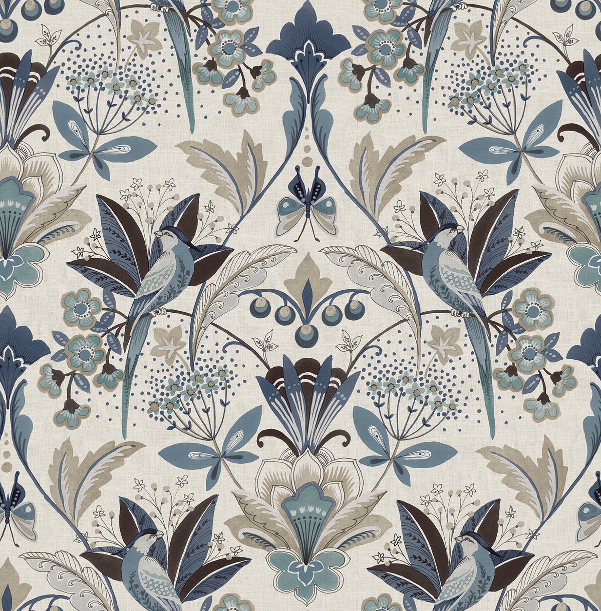 Bernadette Blue Garden Wilderness Wallpaper - A-Street Prints 4198-27835 - Blue and taupe bohemian bird and floral damask pattern on a white linen-textured background