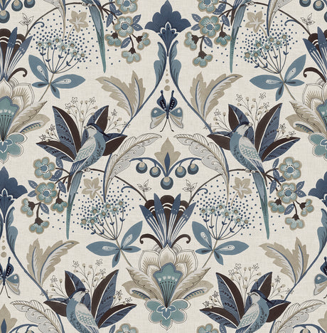 Bernadette Blue Garden Wilderness Wallpaper - A-Street Prints 4198-27835 - Blue and taupe bohemian bird and floral damask pattern on a white linen-textured background