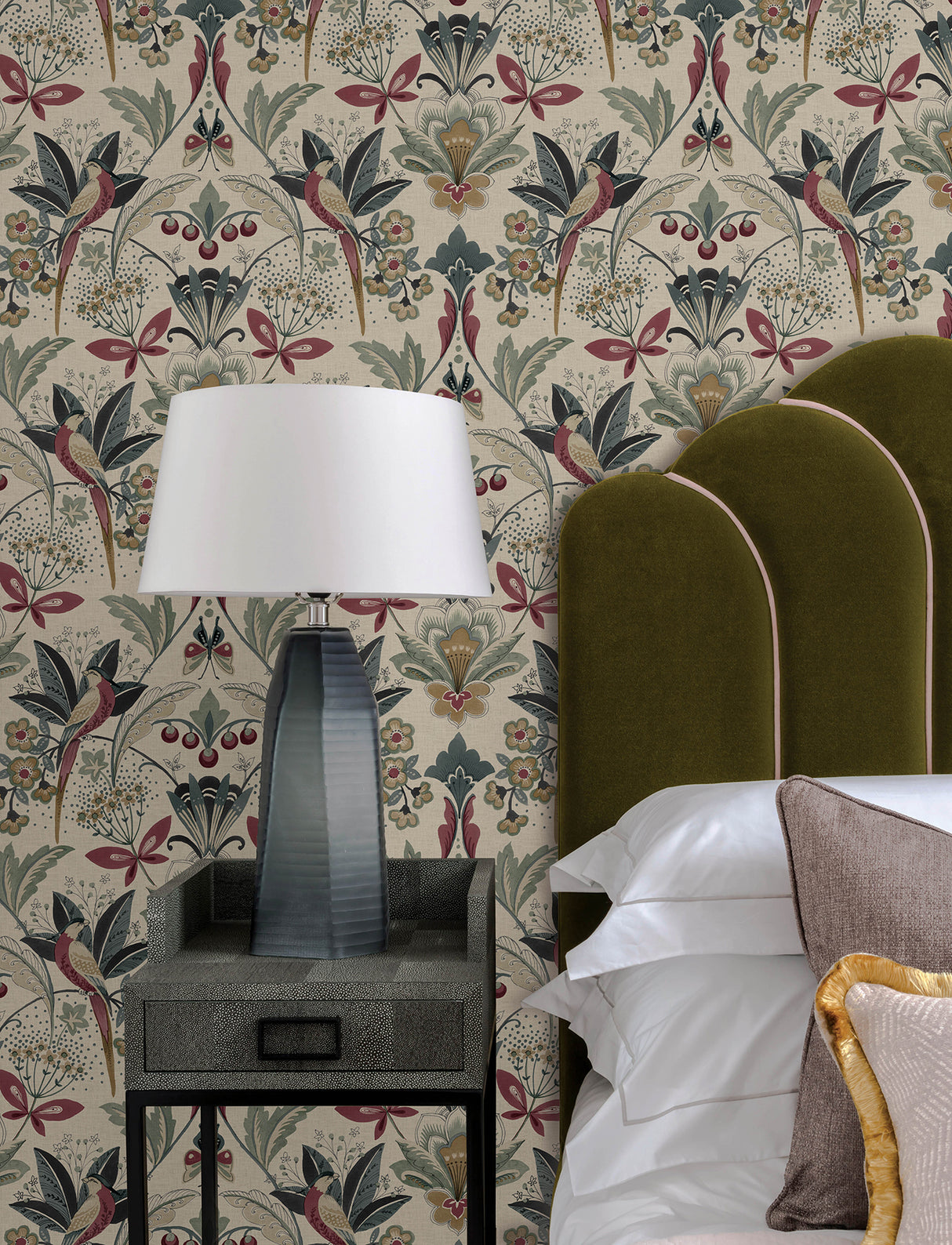 Bernadette Merlot Bohemian Garden Wilderness Bird and Botanical Damask Unpasted Non Woven Wallpaper by A-Street Prints Moderne Deco - 4198-27836
