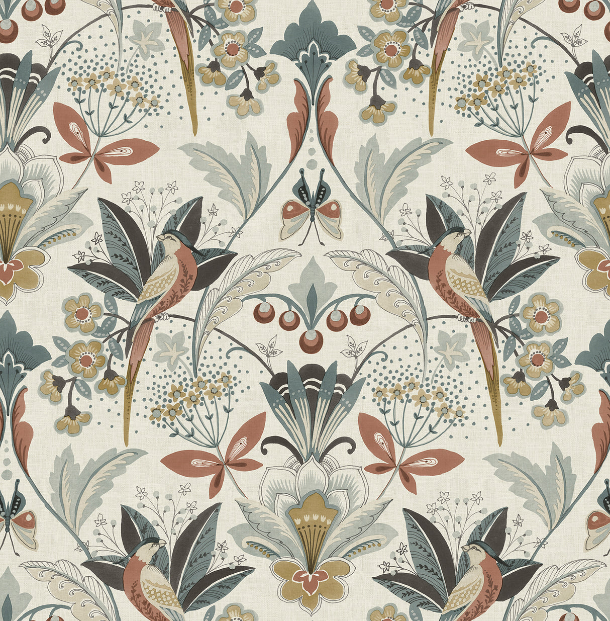 Bernadette Rose Garden Wilderness Wallpaper in Rose by A-Street Prints - Bohemian Bird and Botanical Damask