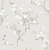 A-Street Prints Bliss Stone Blossom Wallpaper 4198-27842 - Grey and White Botanical Branch Floral Pattern on Light Grey Linen-Look Backdrop