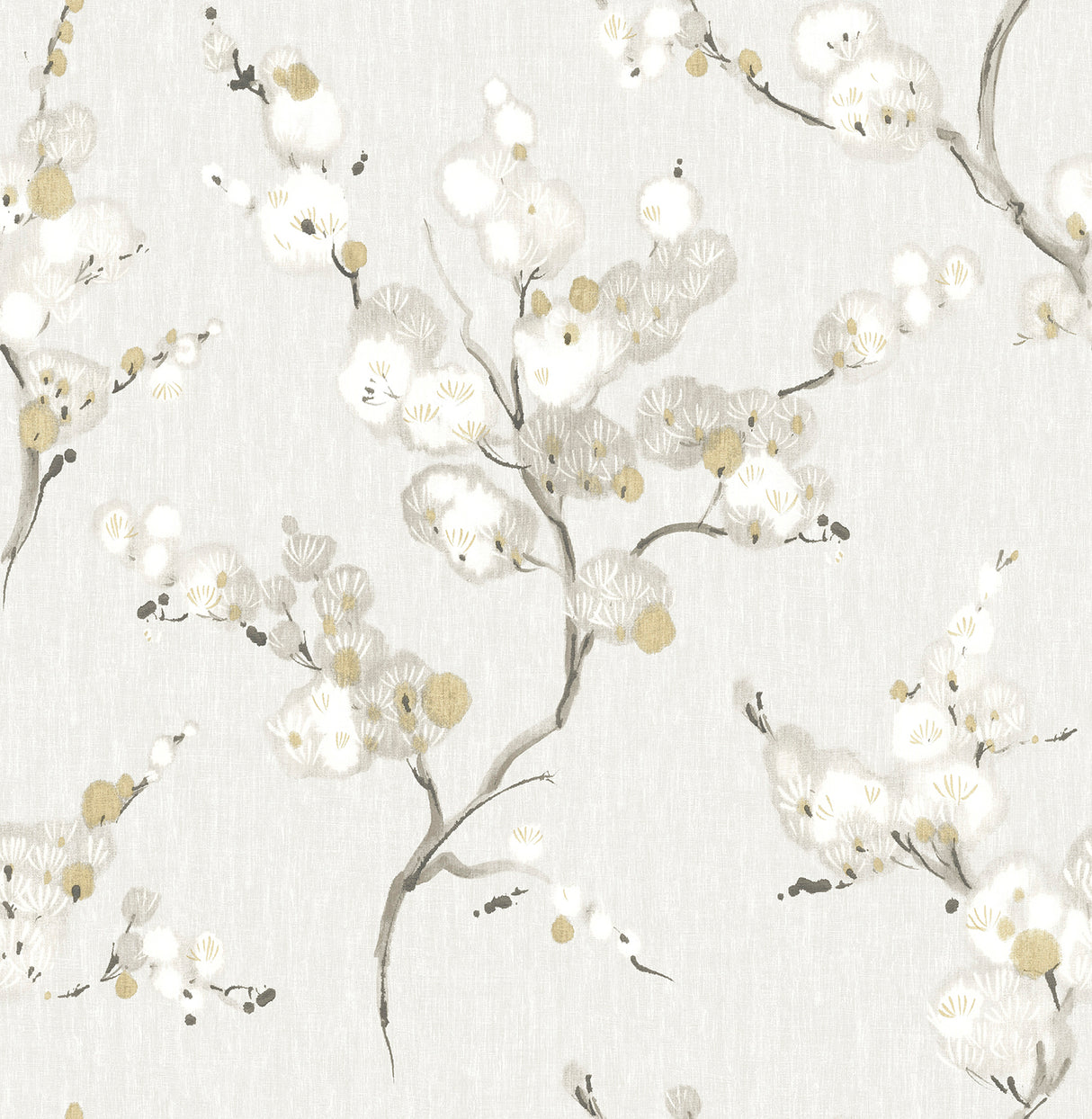 Bliss Honey Blossom Wallpaper featuring delicate white and gold blossoms on pale grey non woven background by A-Street Prints