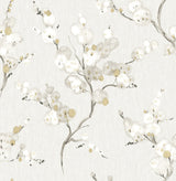 Bliss Honey Blossom Wallpaper featuring delicate white and gold blossoms on pale grey non woven background by A-Street Prints